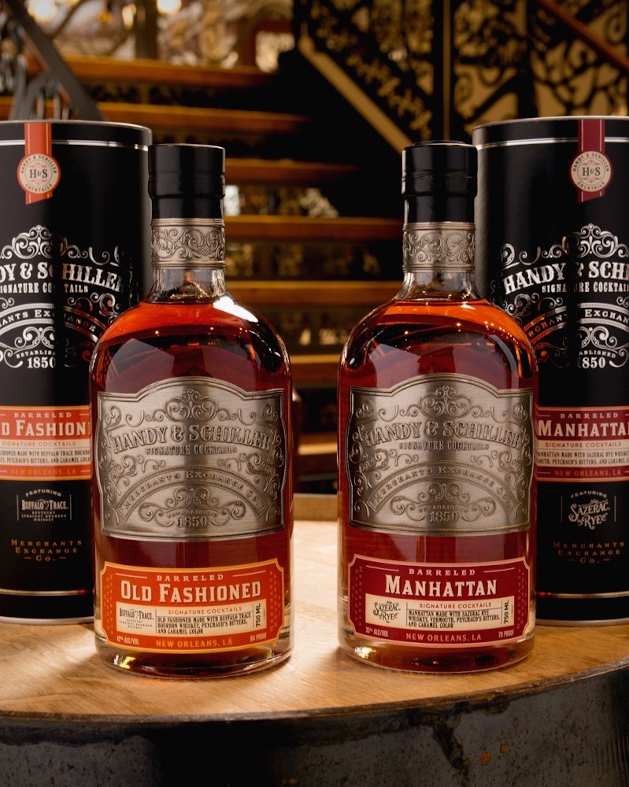Handy & Schiller Barreled Old Fashioned and Manhattan cocktails, ready to drink, featuring Buffalo Trace Bourbon.