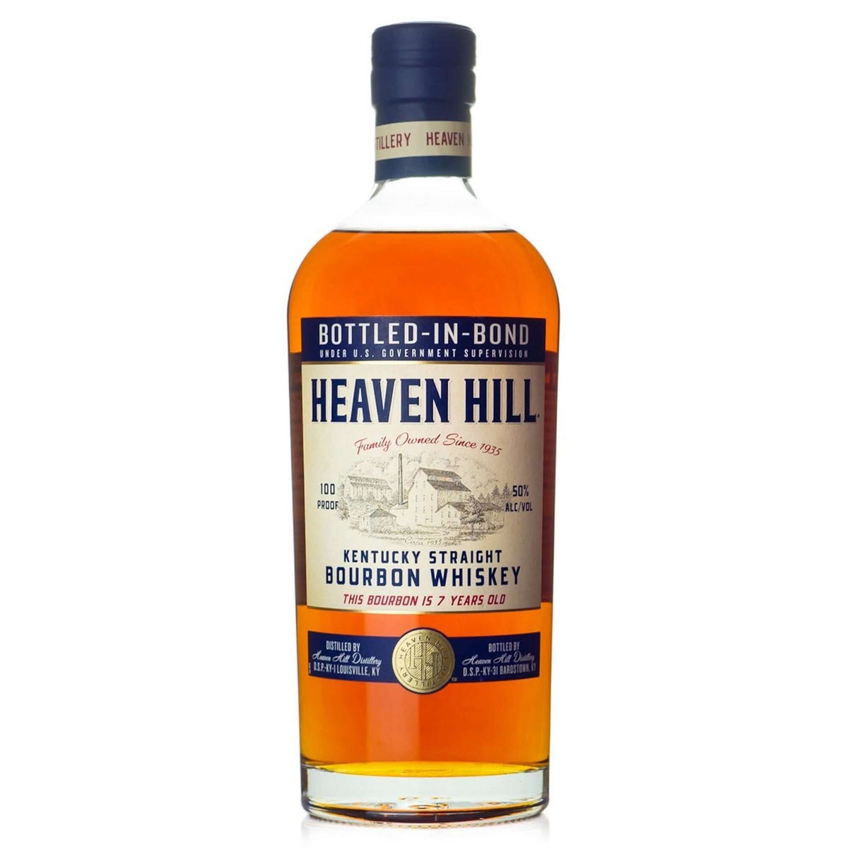 Heaven Hill 7 Year Bottled in Bond Bourbon featuring rich amber color, oak and spice flavors, and 100-proof label.