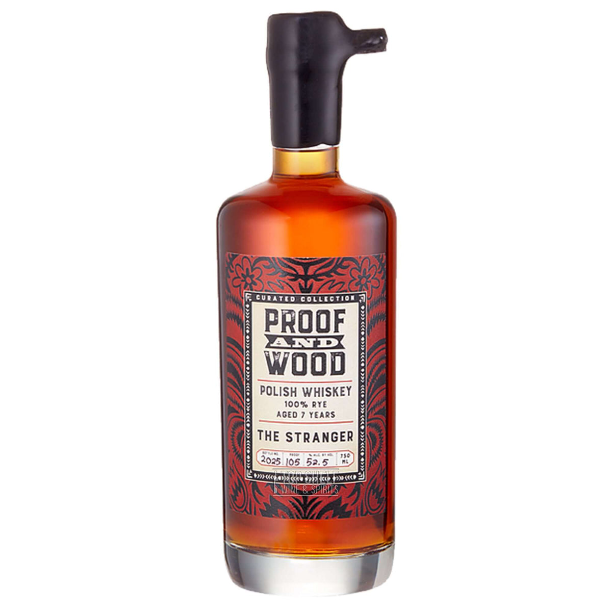 Proof and Wood Curated Collection The Stranger 7 Year Polish Whiskey 100% Rye 100 Proof bottle with decorative label.