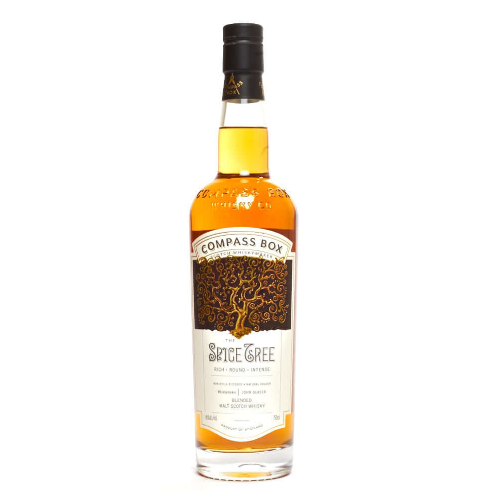 Bottle of Compass Box Spice Tree Scotch featuring hybrid oak cask aging, with a distinctive label design.