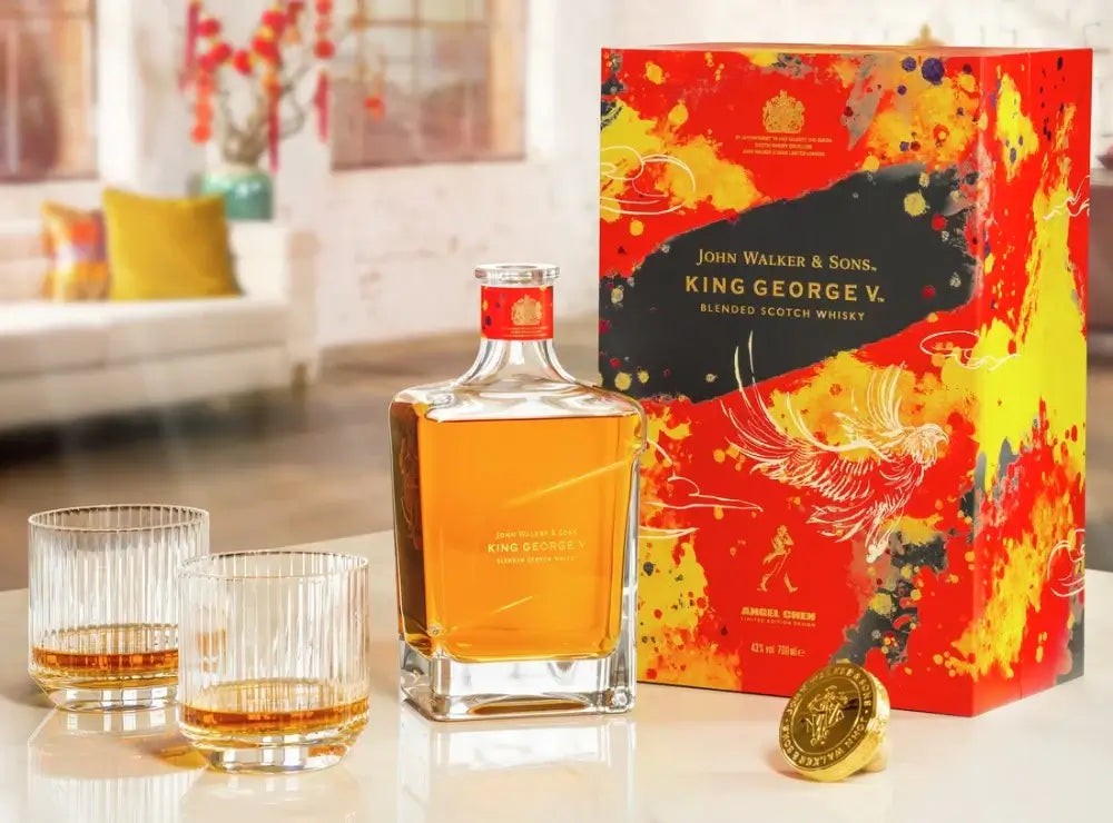 Johnnie Walker King George V Year of the Rabbit whisky with glasses and elegant packaging in vibrant design.