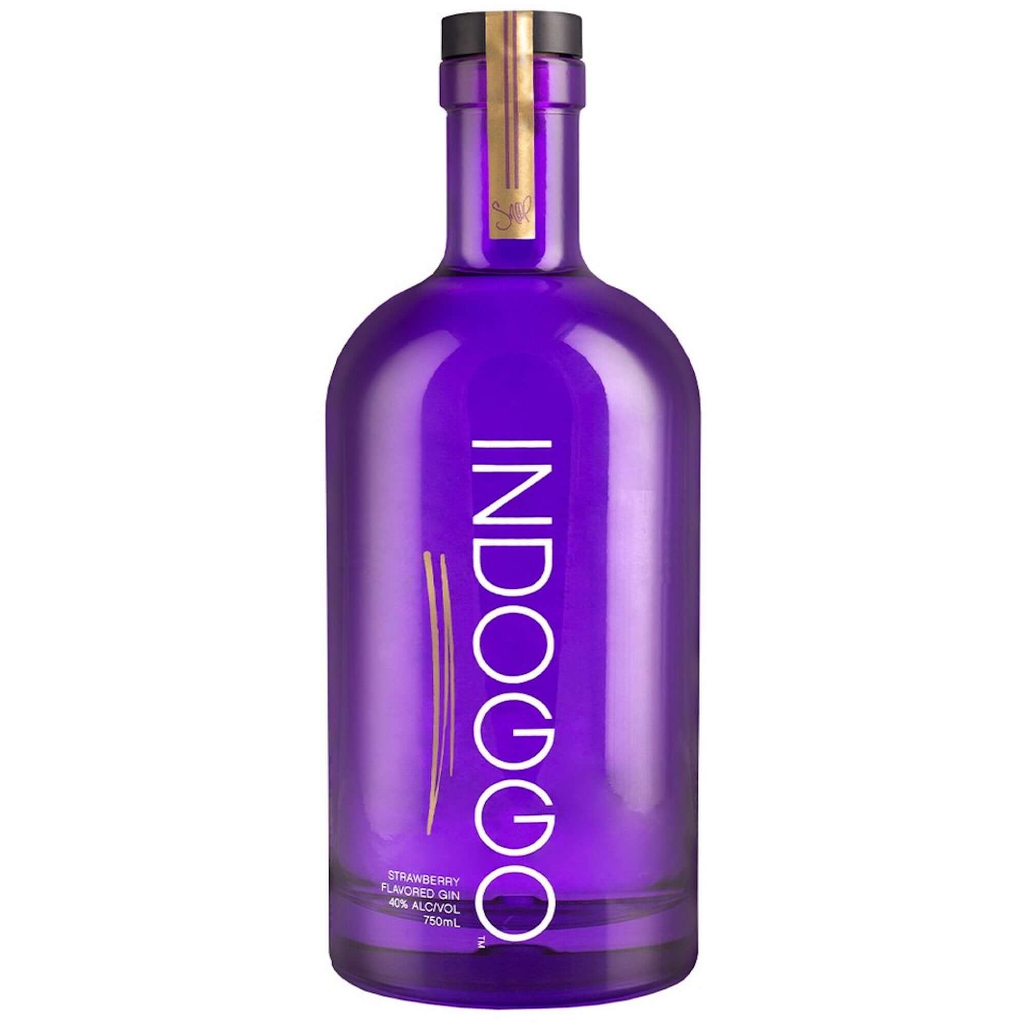 Indoggo Gin by Snoop Dogg in a purple bottle, flavored with natural strawberry, showcasing California style.