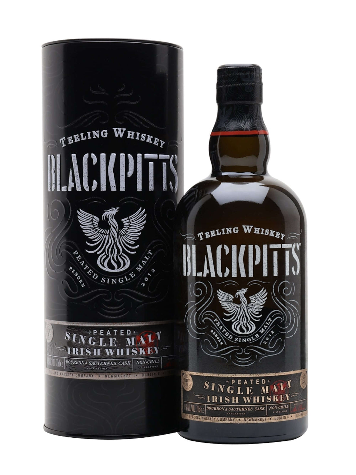 Teeling Blackpitts Peated Single Malt Irish Whiskey bottle with designed tube packaging