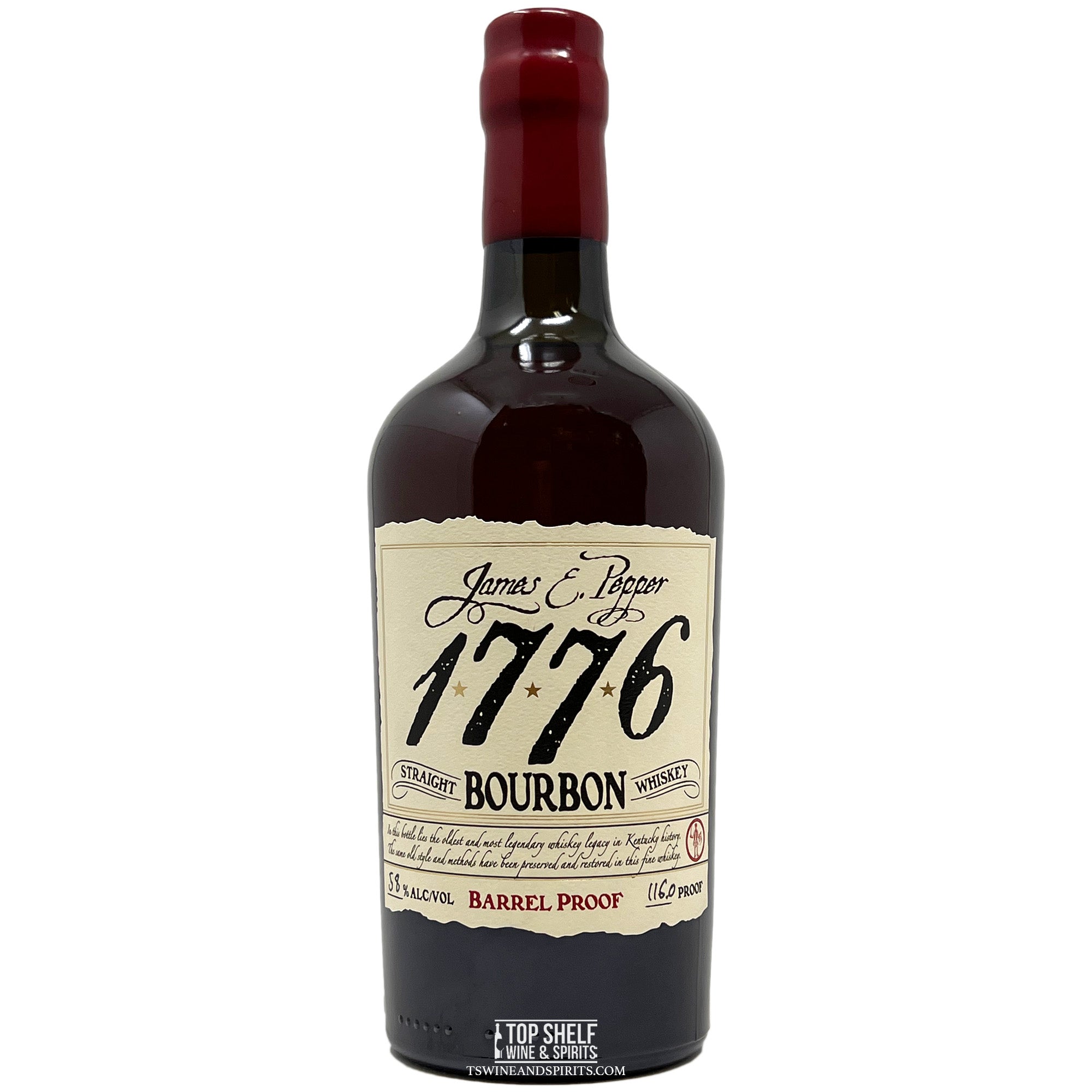 James E. Pepper 1776 Barrel Proof Bourbon bottle, showcasing its rich heritage and 113.4 proof strength.