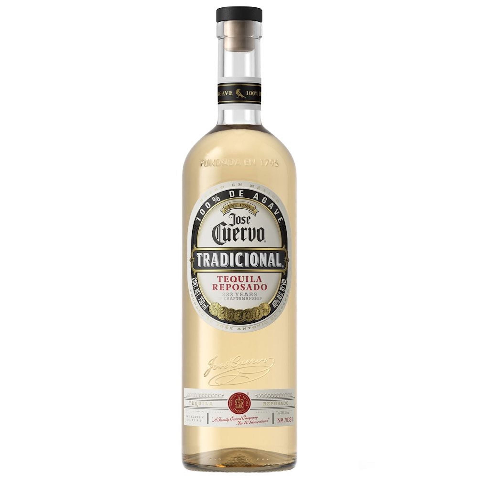 Jose Cuervo Tradicional Reposado tequila bottle, 100% blue agave, aged in oak, premium Mexican tequila.
