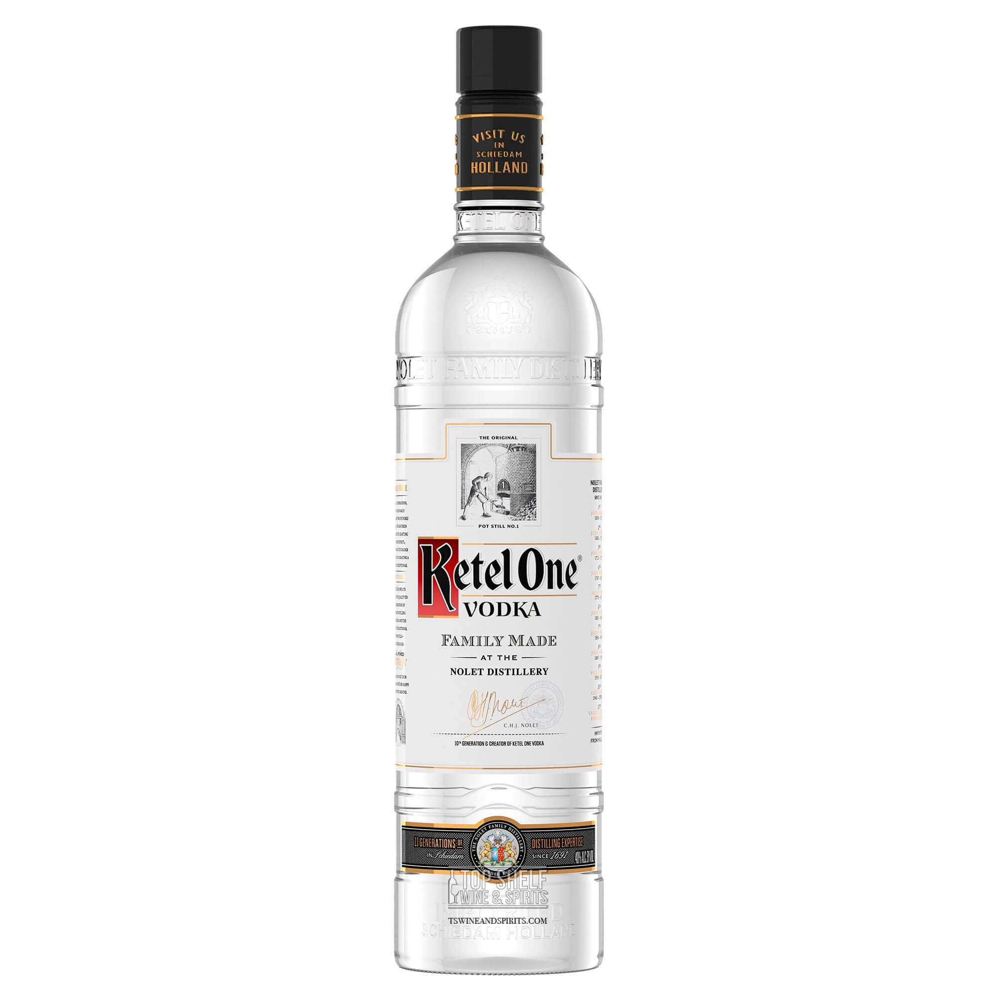 Ketel One Vodka bottle, crafted from European wheat with crisp taste and soft finish.