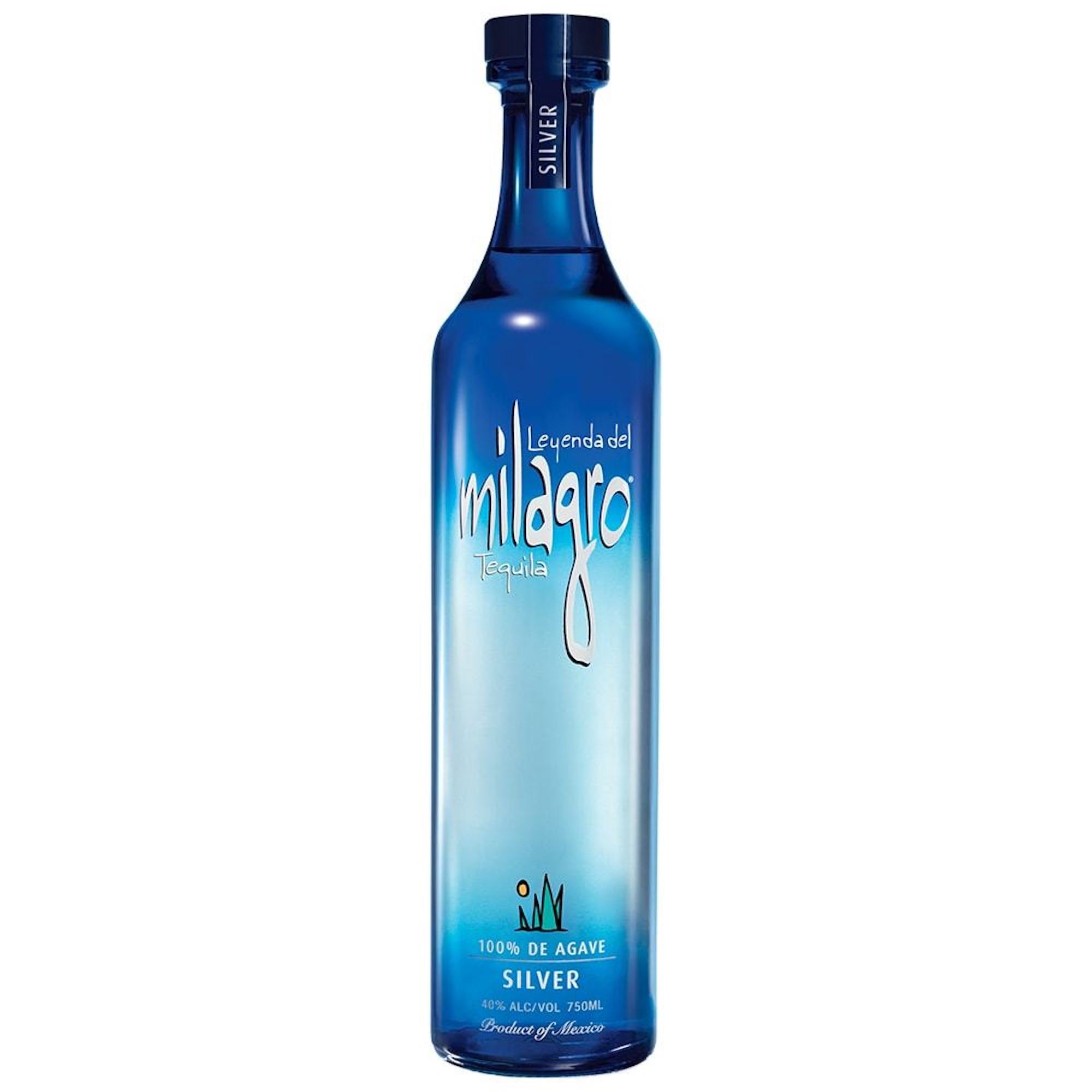 Bottle of Milagro Silver Tequila, showcasing its bright blue design and 100% agave composition.