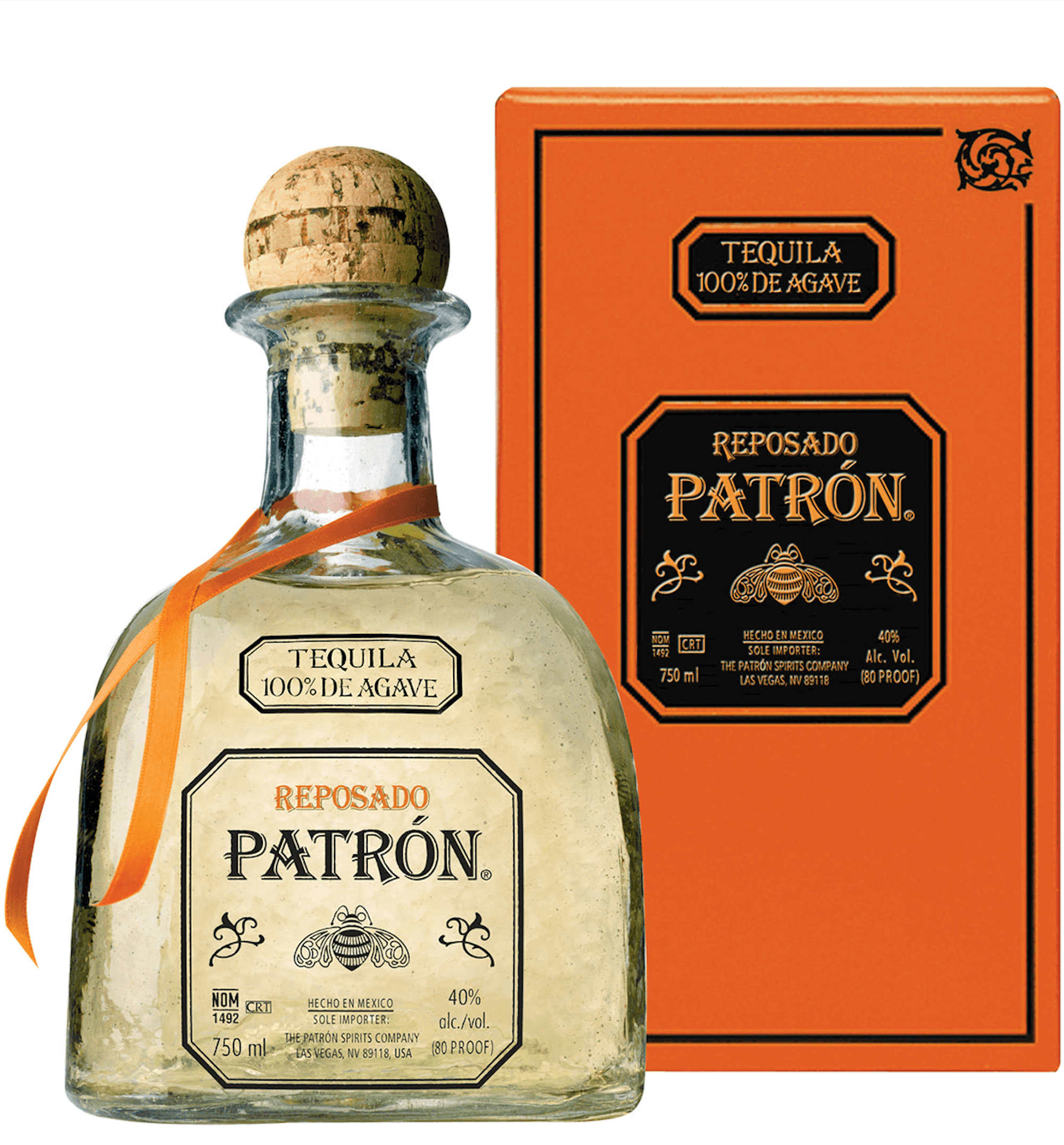 Patrón Reposado Tequila bottle with box, aged for smooth flavor and hints of oak, crafted from 100% Weber Blue Agave.