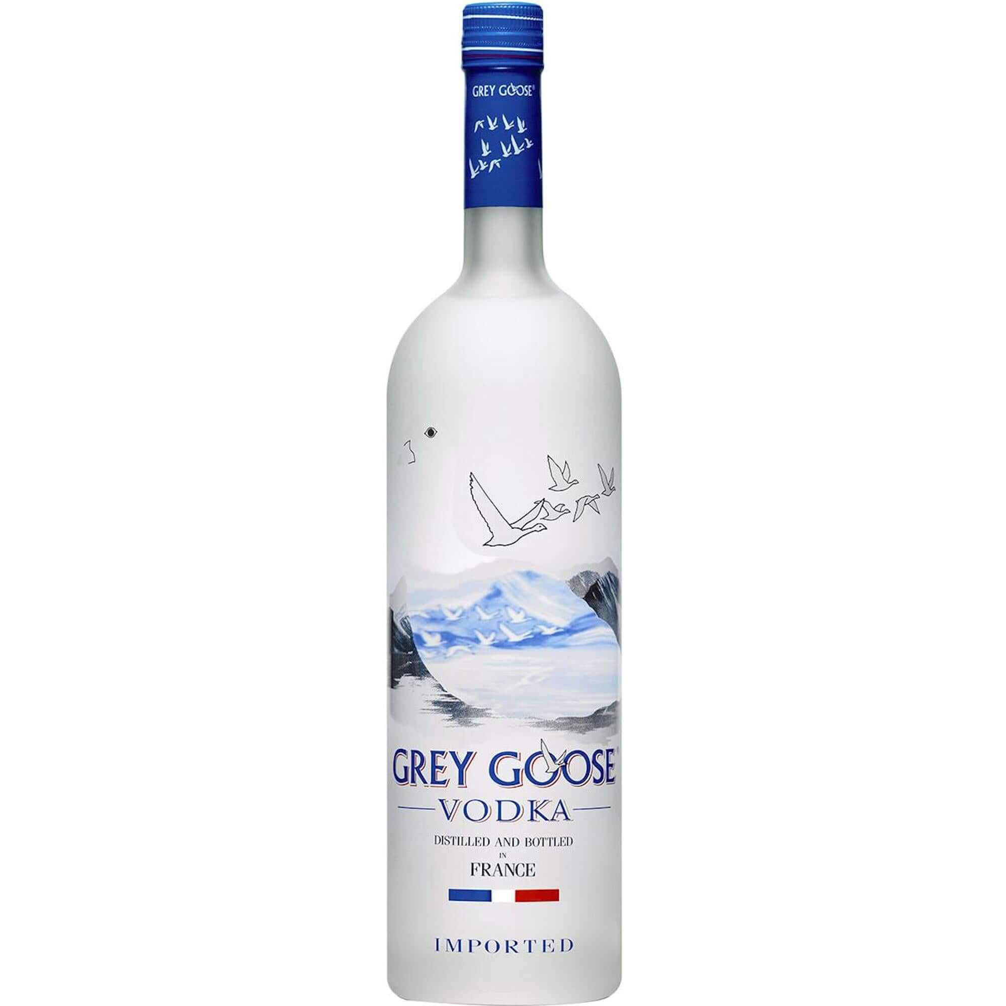 Grey Goose Vodka bottle, crafted with French wheat and spring water, known for its exceptional quality and smooth taste.