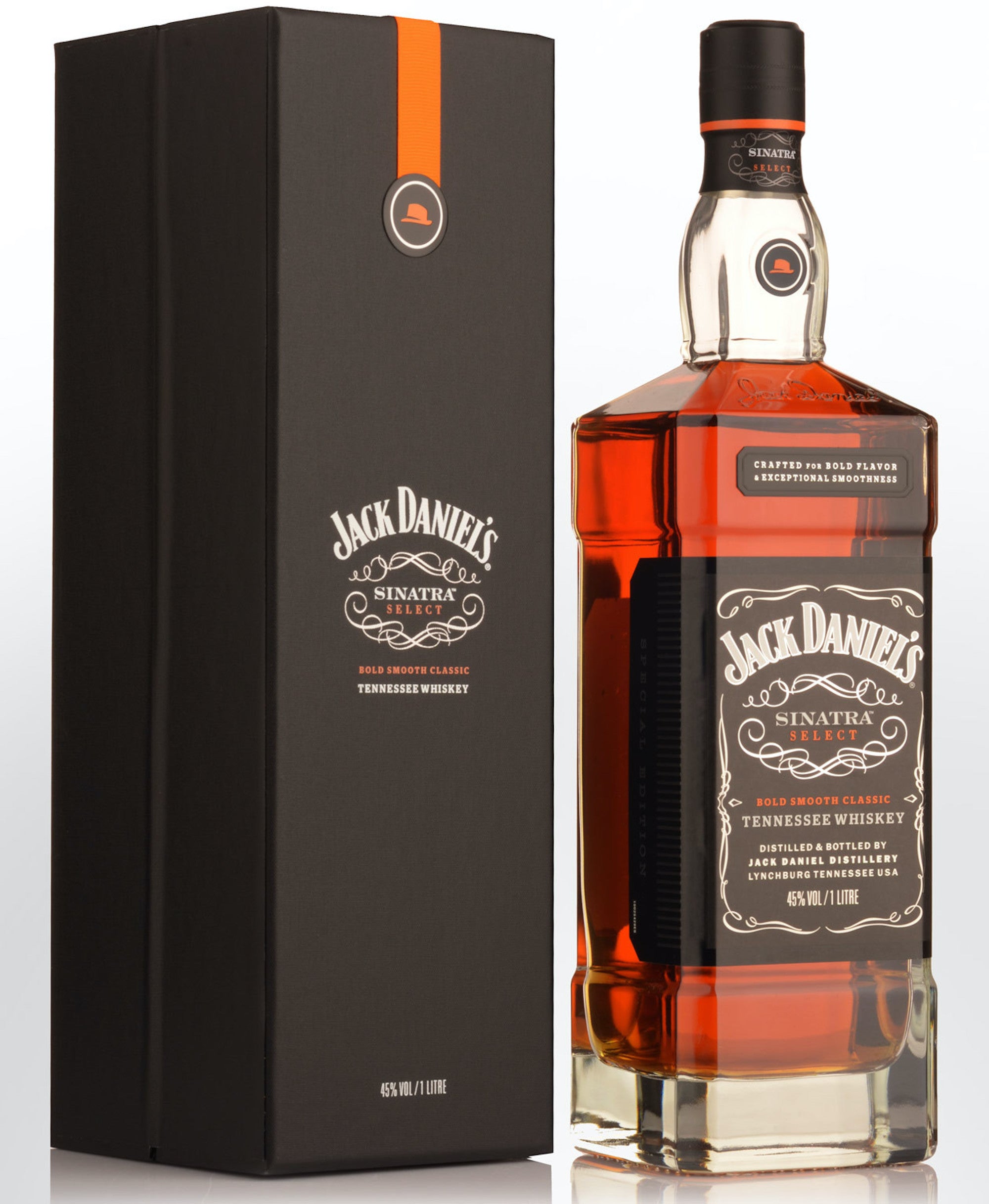 Jack Daniel's Sinatra Select whiskey bottle with packaging, showcasing rich amber color and stylish design.