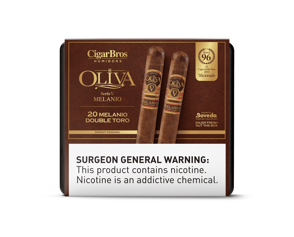 Oliva Serie V Melanio Double Toro cigar box with 20 cigars, featuring luxury and bold flavor craftsmanship.