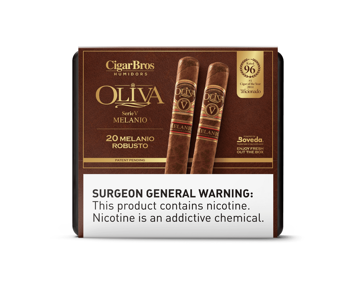 Oliva Serie V Melanio Robusto cigar box showcasing 20 premium cigars with a Surgeon General warning label.