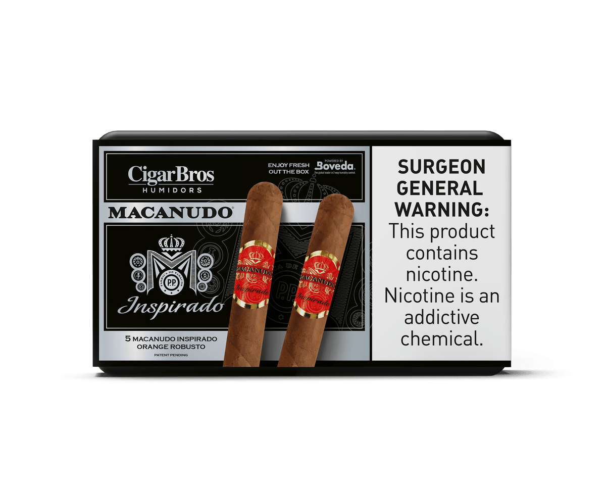 Macanudo Inspirado by CigarBros, featuring premium cigars in a sleek package, highlighting smooth and bold flavors.