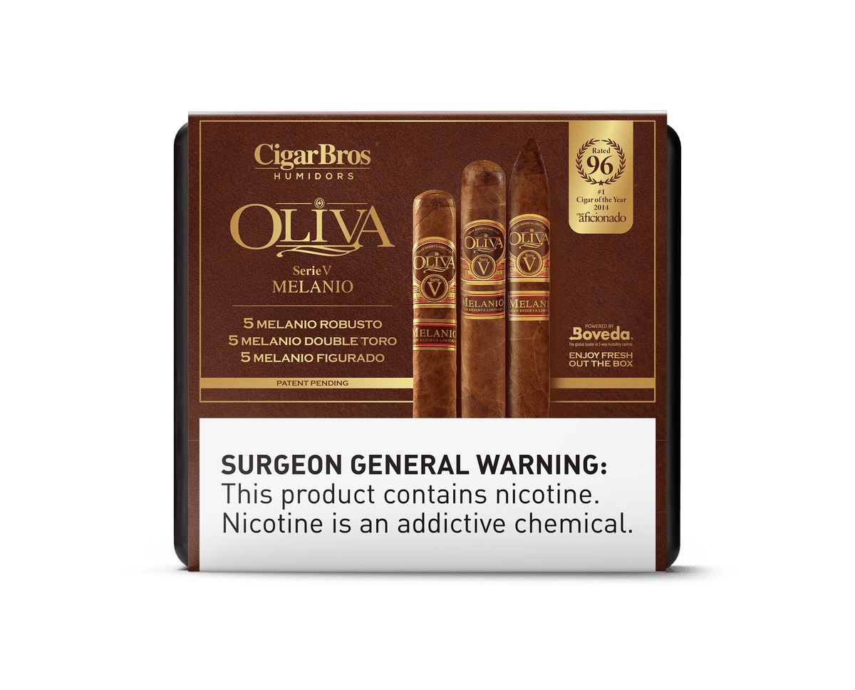 Oliva Serie V Melanio cigar pack by CigarBros featuring robusto, double toro, and figurado cigars.