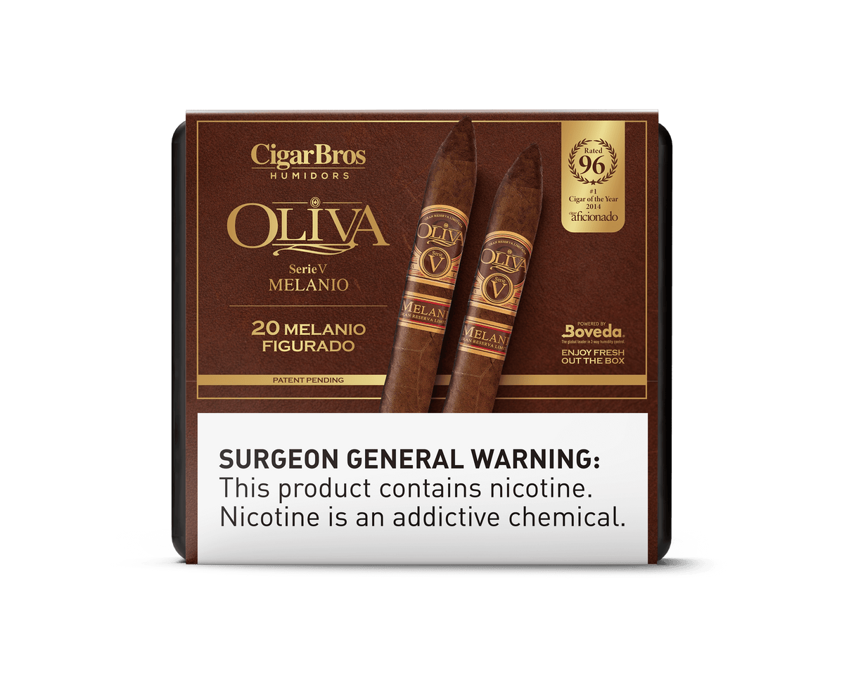 Oliva Serie V Melanio cigars box featuring 20 figurado cigars, highlighting luxury and craftsmanship by CigarBros.