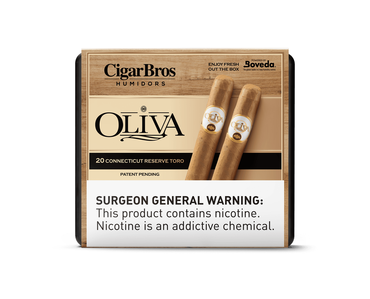 Oliva Connecticut Reserve by CigarBros, showcasing 20 smooth and flavorful cigars in a refined box.