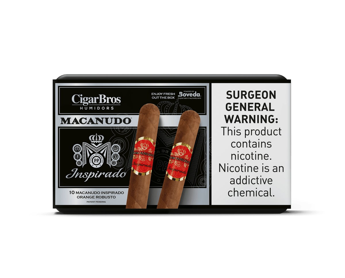 Macanudo Inspirado cigars packaged in a CigarBros box, showcasing premium quality and featuring a nicotine warning.