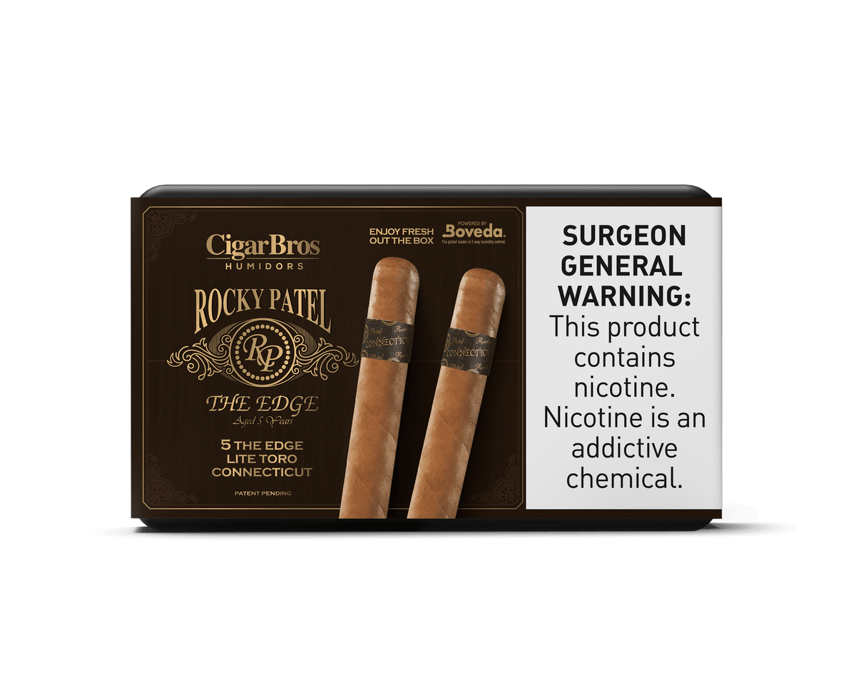 Rocky Patel Edge Lite Toro Connecticut cigars in packaging, showcasing their premium quality and bold flavor.