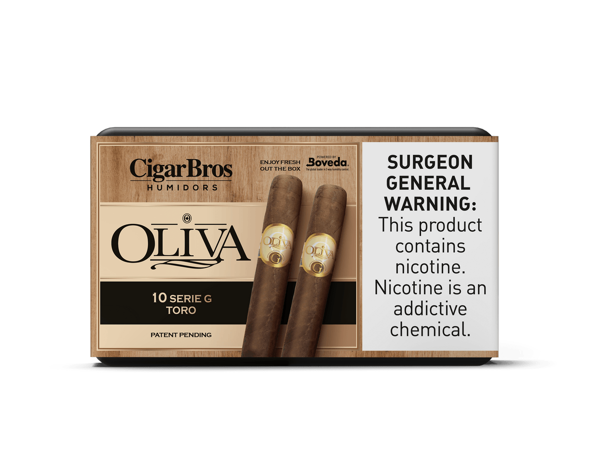Oliva Serie G Toro cigar box with warning label, showcasing 10 medium-bodied cigars by CigarBros.