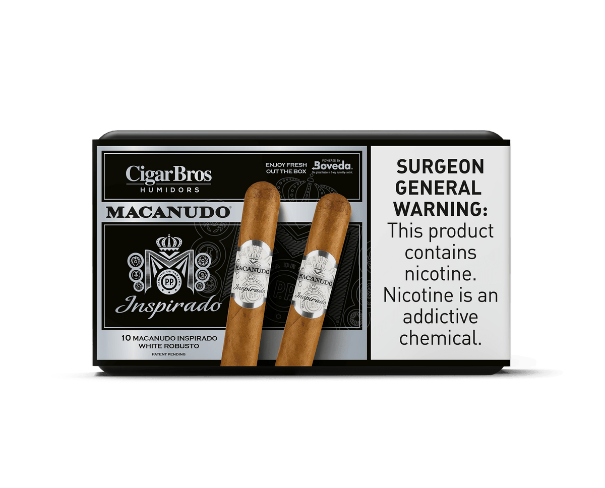 Macanudo Inspirado cigars by CigarBros, featuring premium flavors and an elegant packaging design.