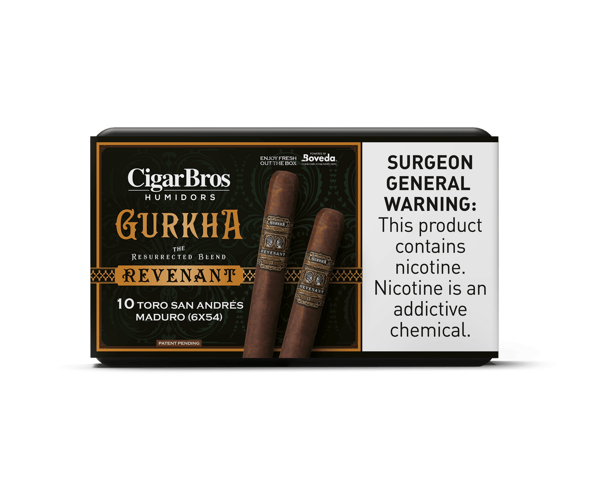 Gurkha Revenant cigars by CigarBros, featuring 10 premium Toro San Andrés Maduro cigars in luxurious packaging.