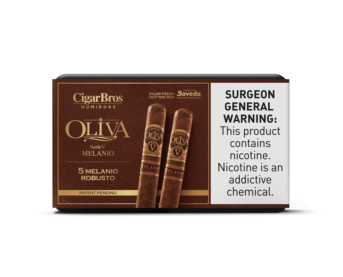 Oliva Melanio cigar box featuring 5 robusto cigars, emphasizing quality, luxury, and a bold flavor profile.
