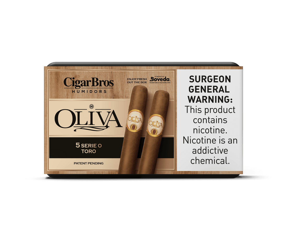 Oliva Serie O Toro cigars by CigarBros in a humidor package, featuring a Surgeon General warning.