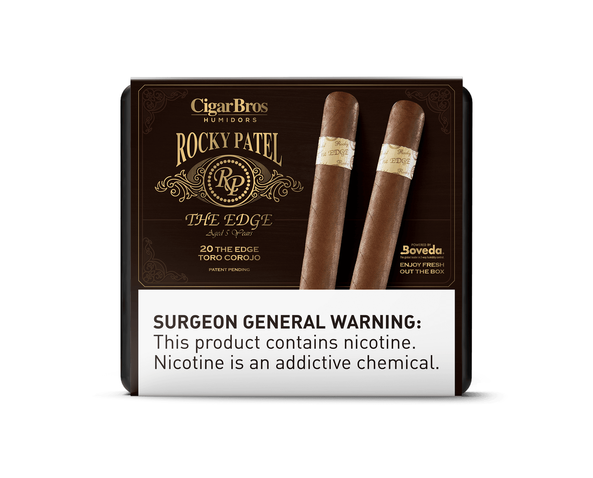Rocky Patel Edge Toro Corojo cigars by CigarBros with warning label highlighting nicotine content.