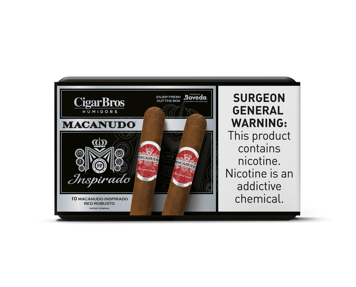 Macanudo Inspirado cigar box by CigarBros featuring two cigars and a nicotine warning label.