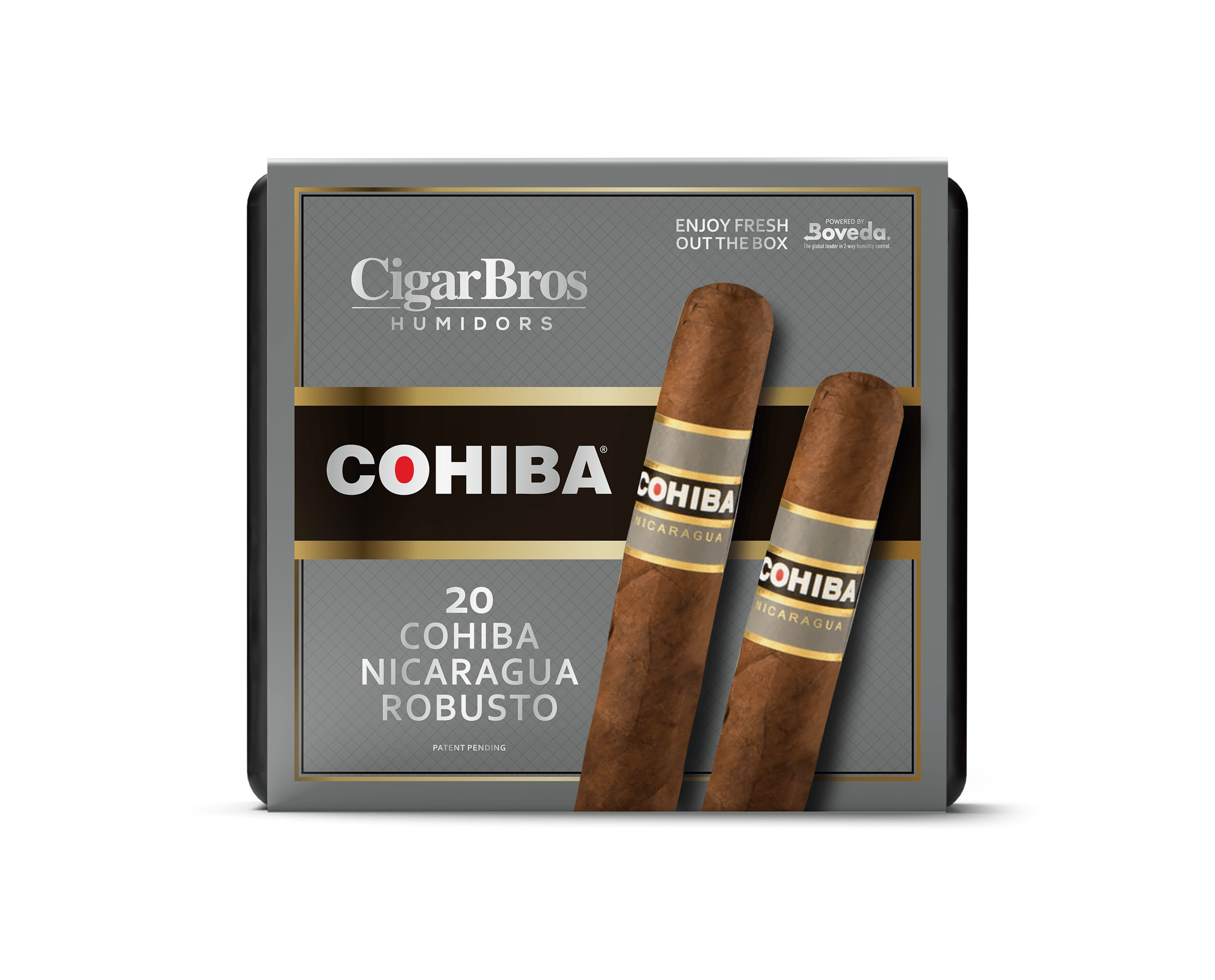 Cohiba Nicaragua Robusto cigars packaged by CigarBros, featuring 20 premium Nicaraguan cigars.
