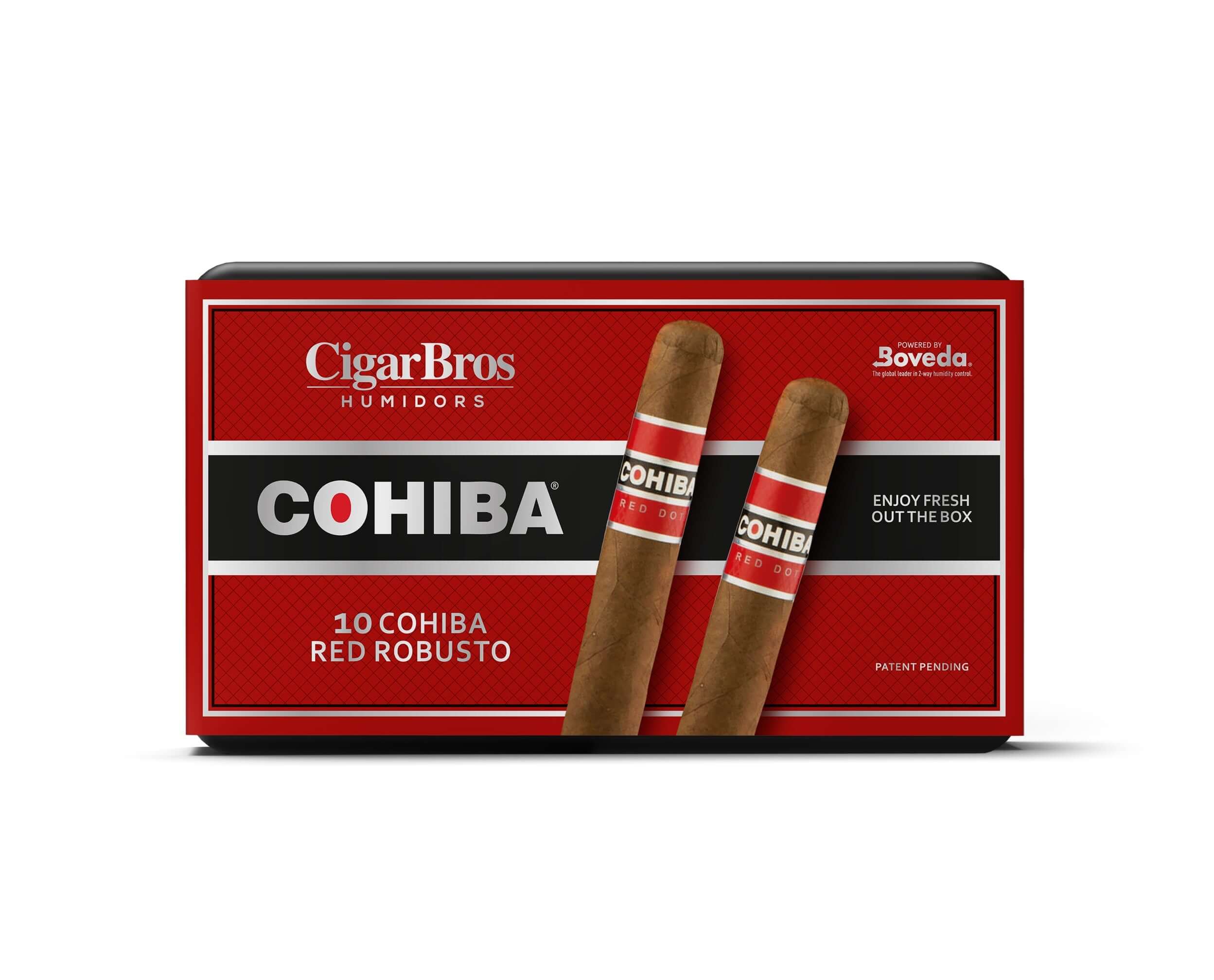 Cohiba Red Robusto cigars from CigarBros pack with two sticks and bold red packaging.