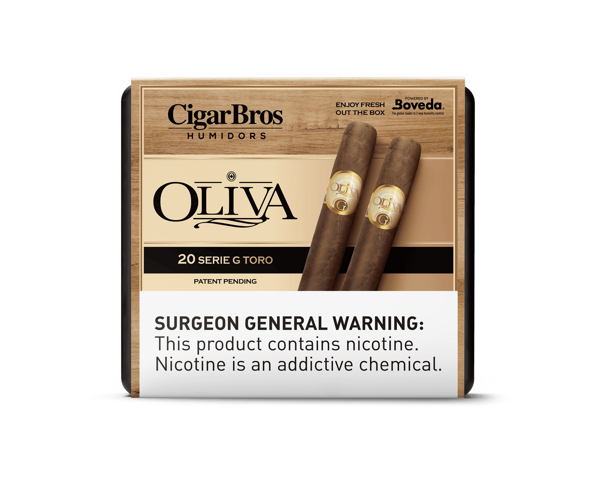 Oliva Serie G Toro cigars in a 20-count box by CigarBros, showcasing rich flavor and elegance.