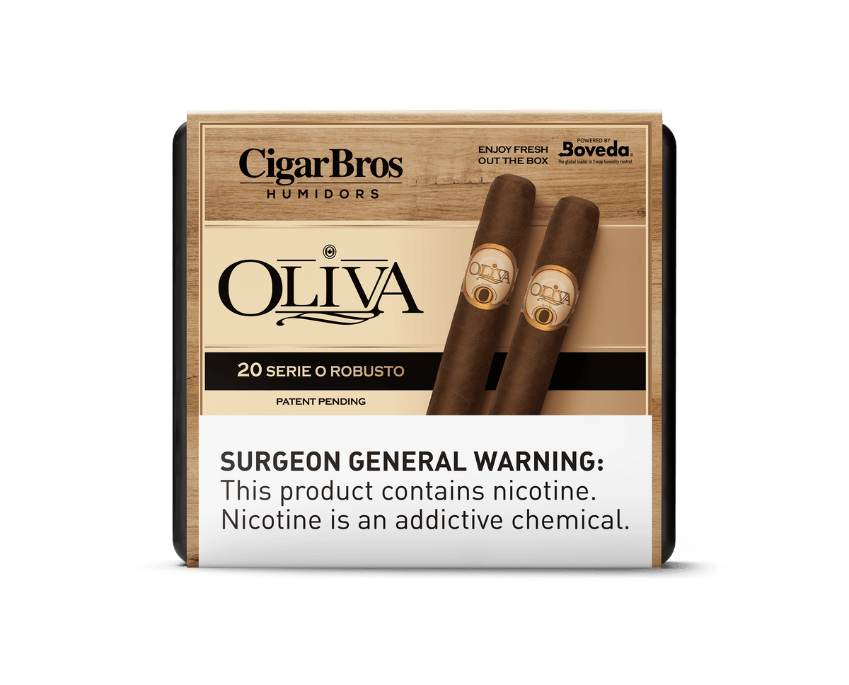 Oliva Serie O Robusto cigars by CigarBros in a stylish box, emphasizing rich Nicaraguan tobacco quality.