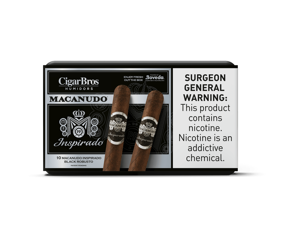 Macanudo Inspirado cigars by CigarBros in elegant packaging, featuring two cigars and a warning label about nicotine.