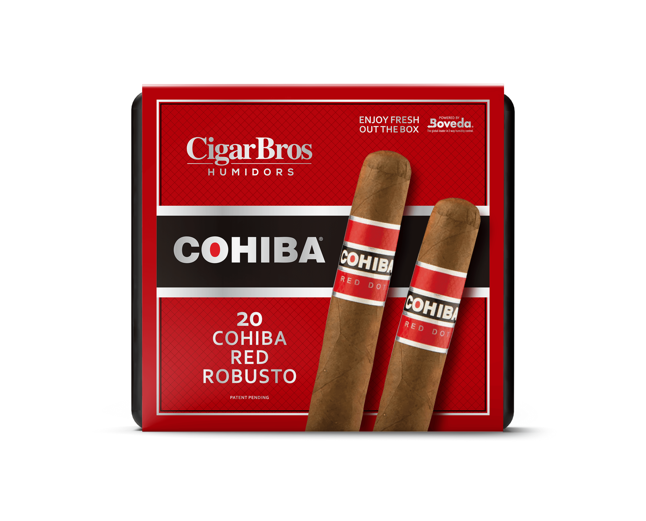 Cohiba Red Robusto cigars by CigarBros in humidor packaging, showcasing 20 premium cigars.