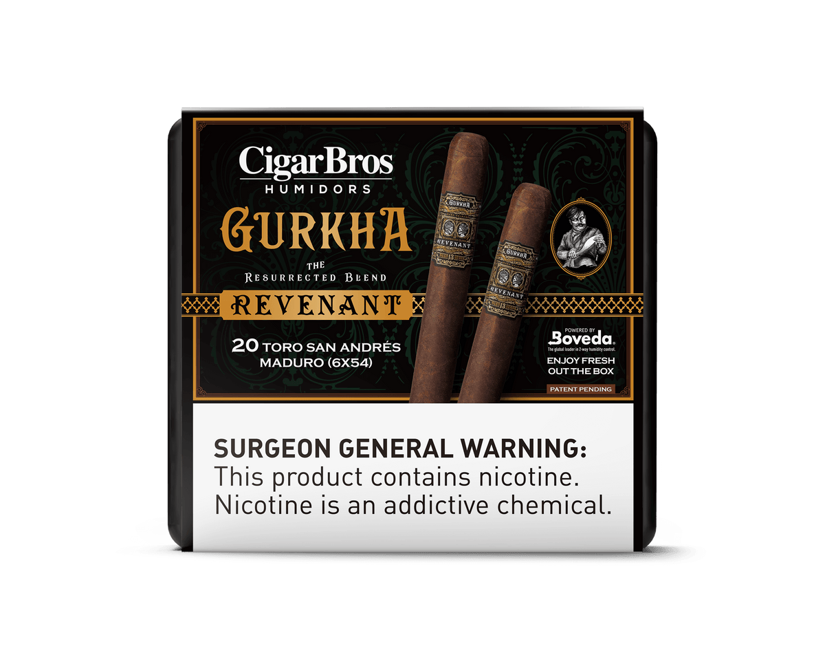 Gurkha Revenant Toro cigars packaging featuring a luxurious design and warning about nicotine content.