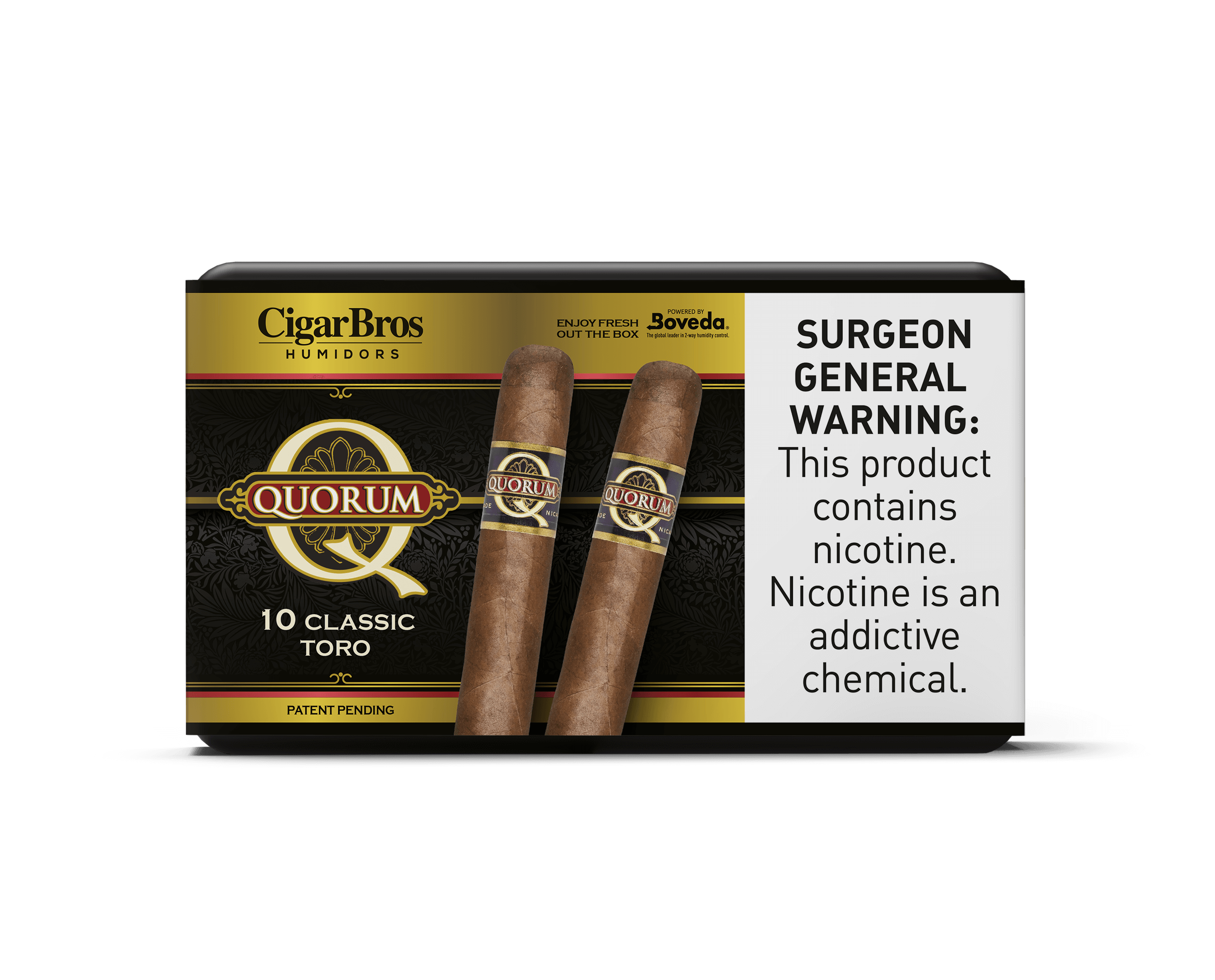 Quorum by CigarBros Classic Toro cigars pack showcasing premium hand-rolled cigars with a Surgeon General warning.