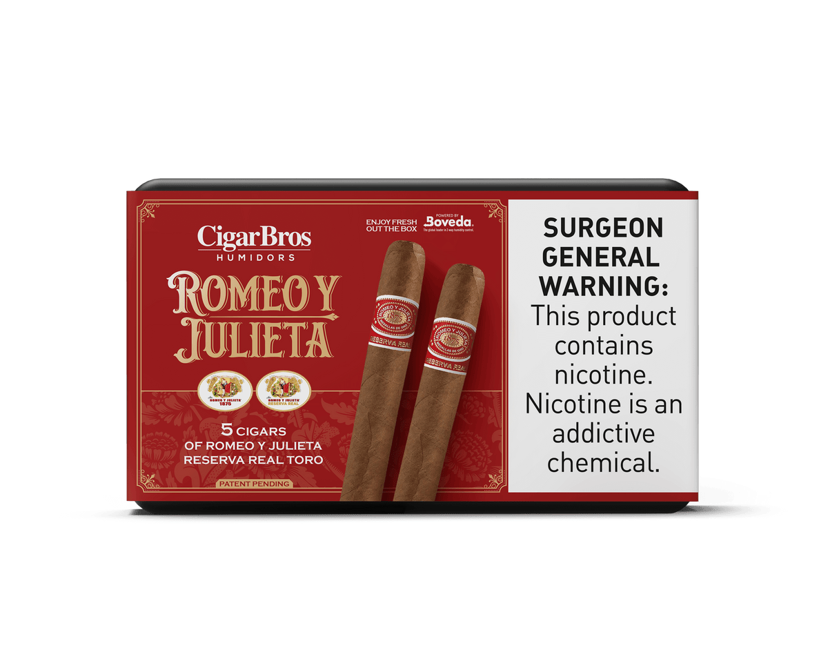 Romeo y Julieta Reserva Real cigars by CigarBros in a box with health warning and branding details.