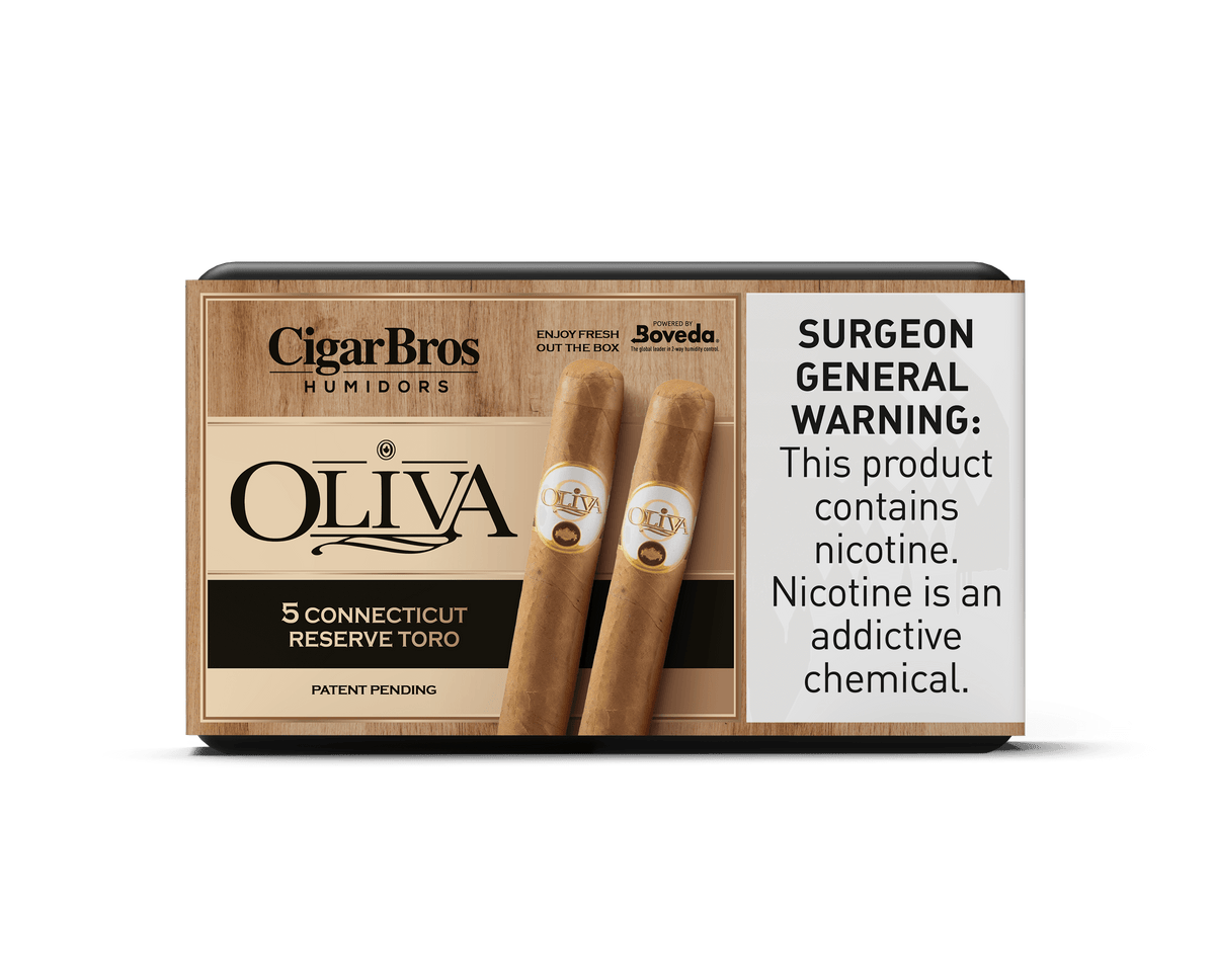Oliva Connecticut Reserve Toro cigars in a CigarBros box with a Surgeon General warning about nicotine.