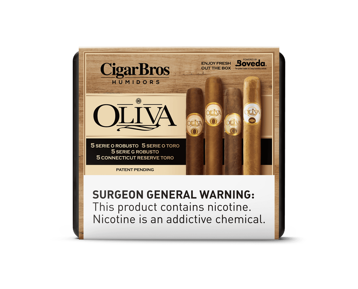 Oliva Serie O cigars in a CigarBros humidor, showcasing Robusto and Toro sizes for rich Nicaraguan flavor.