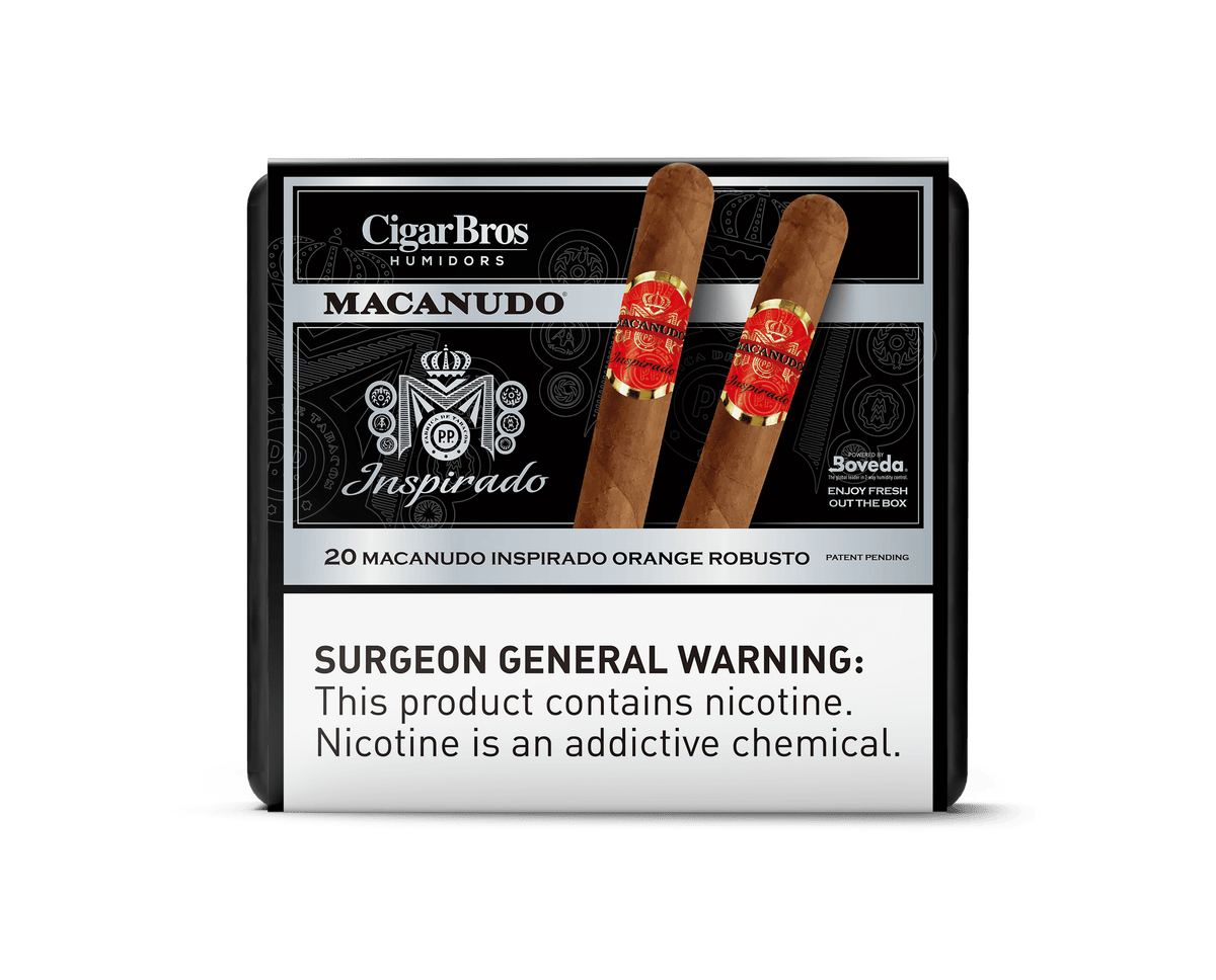 Macanudo Inspirado Orange Robusto cigars in packaging by CigarBros, highlighting premium quality and flavor.