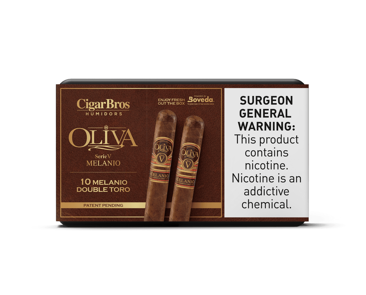 Oliva Serie V Melanio cigars in CigarBros packaging, showcasing luxury, craftsmanship, and bold flavor.