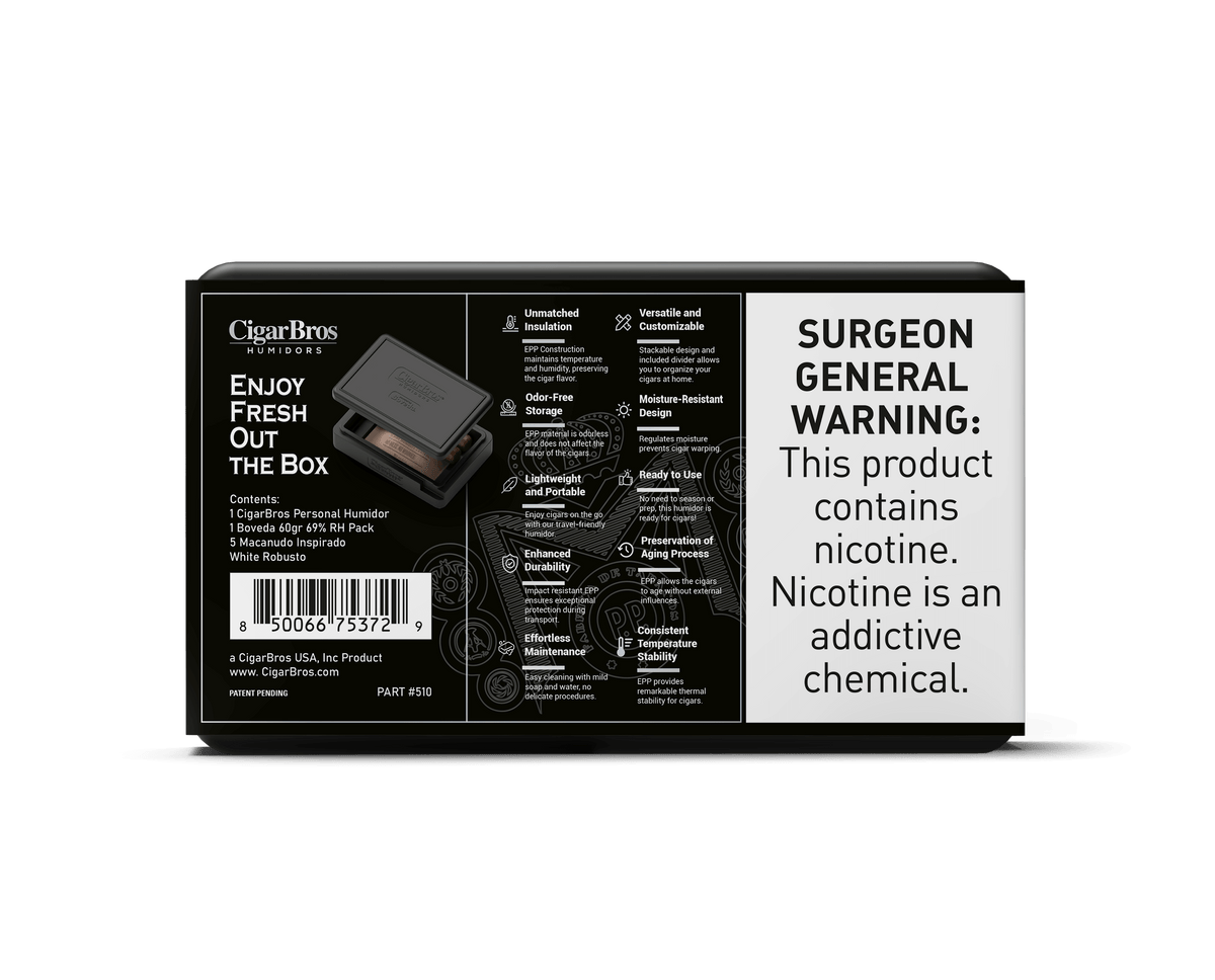 CigarBros humidor box featuring Surgeon General warning and instructions for maintaining cigar freshness.