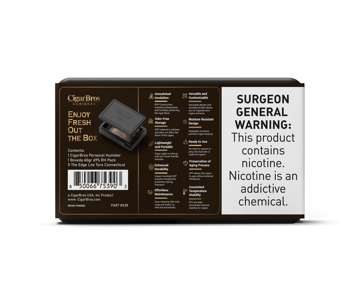 Rocky Patel Edge by CigarBros packaging with personal humidor details and warning about nicotine.