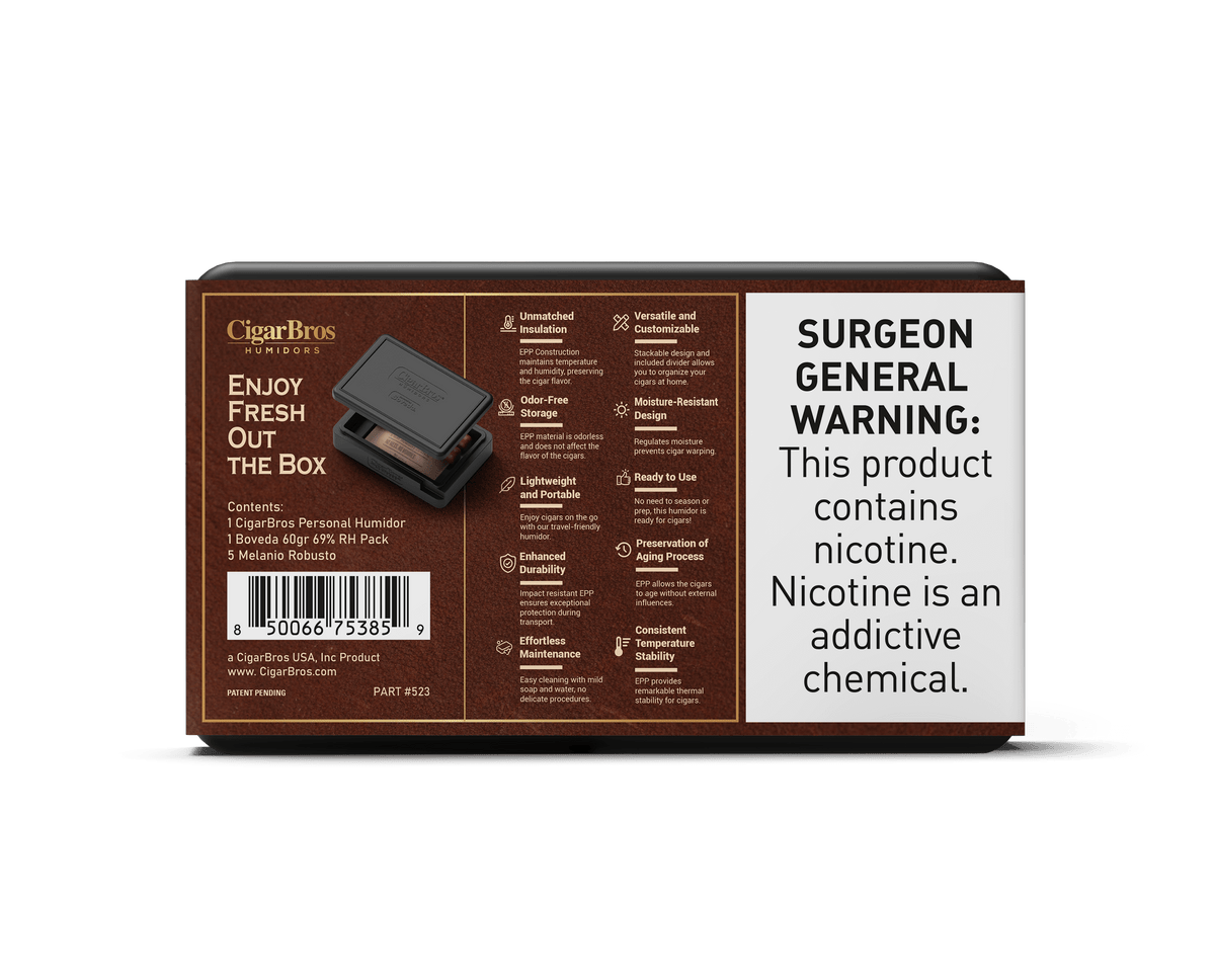 Oliva Serie V Melanio box packaging with humidification information and health warning by CigarBros.