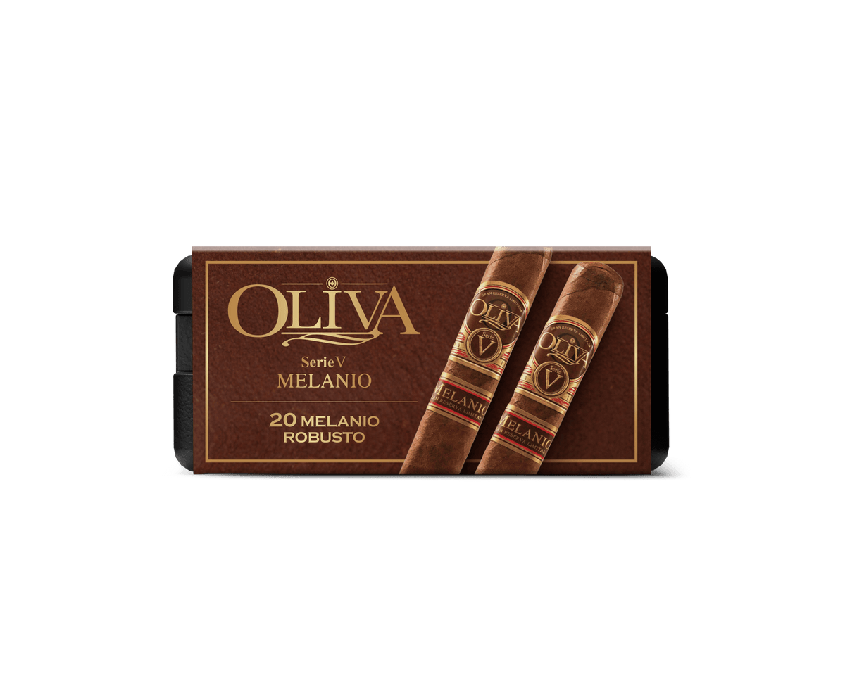 Oliva Serie V Melanio cigar box featuring 20 Melanio Robusto cigars, known for their rich flavor and smooth finish.