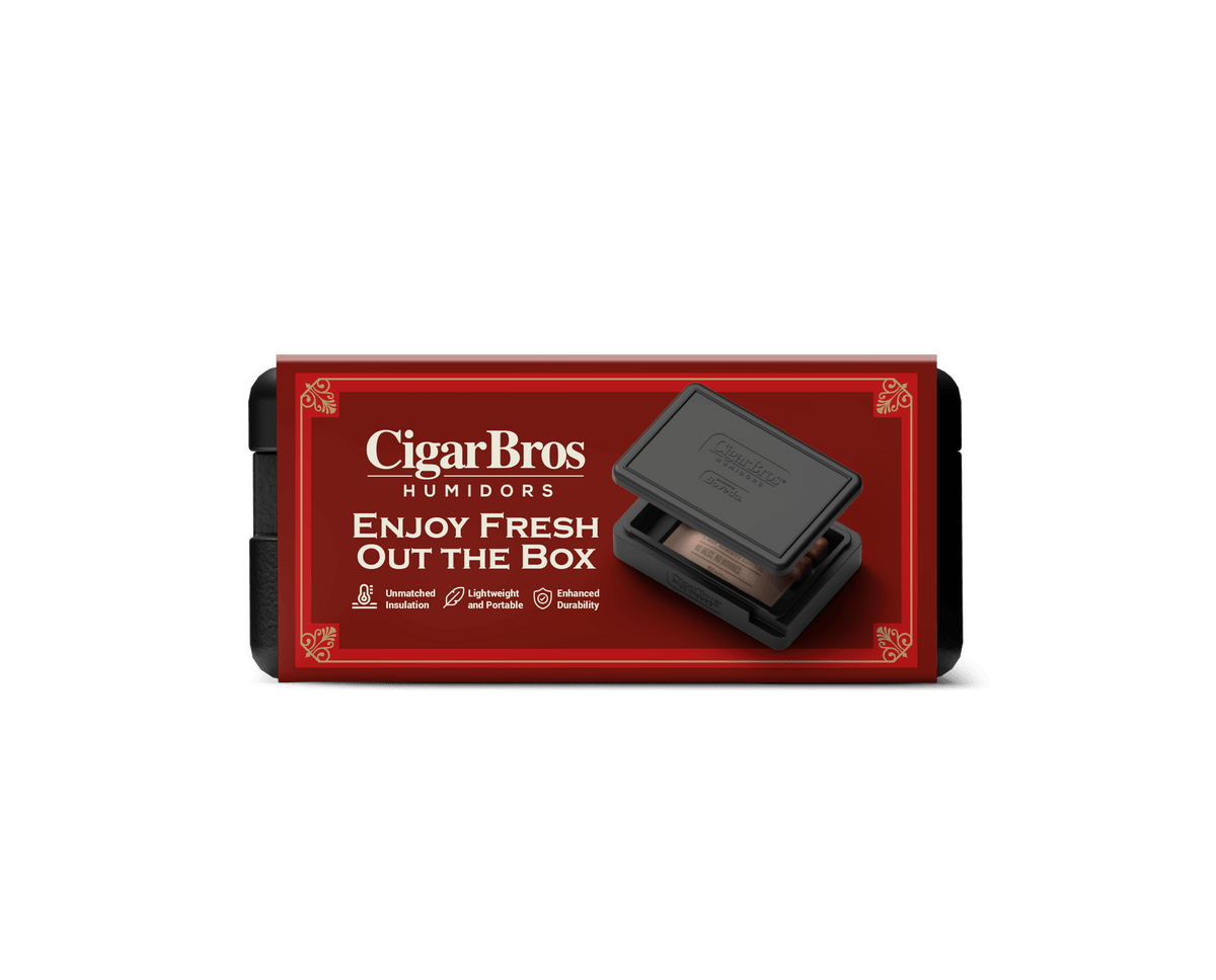 CigarBros humidor packaging featuring bold red design and tagline 'Enjoy Fresh Out the Box'.