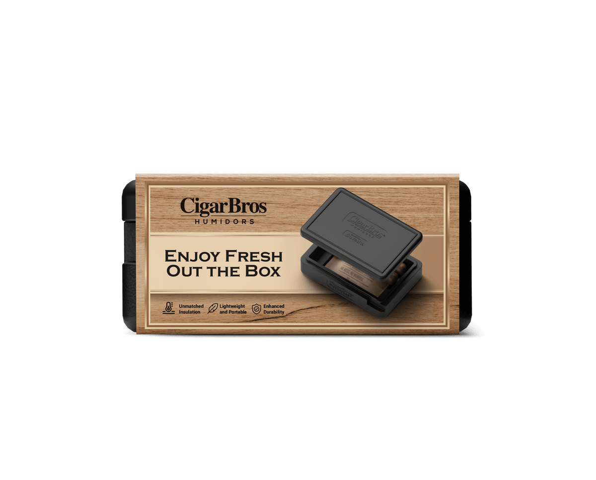 CigarBros humidor packaging featuring the message 'Enjoy Fresh Out the Box' for optimal cigar storage.