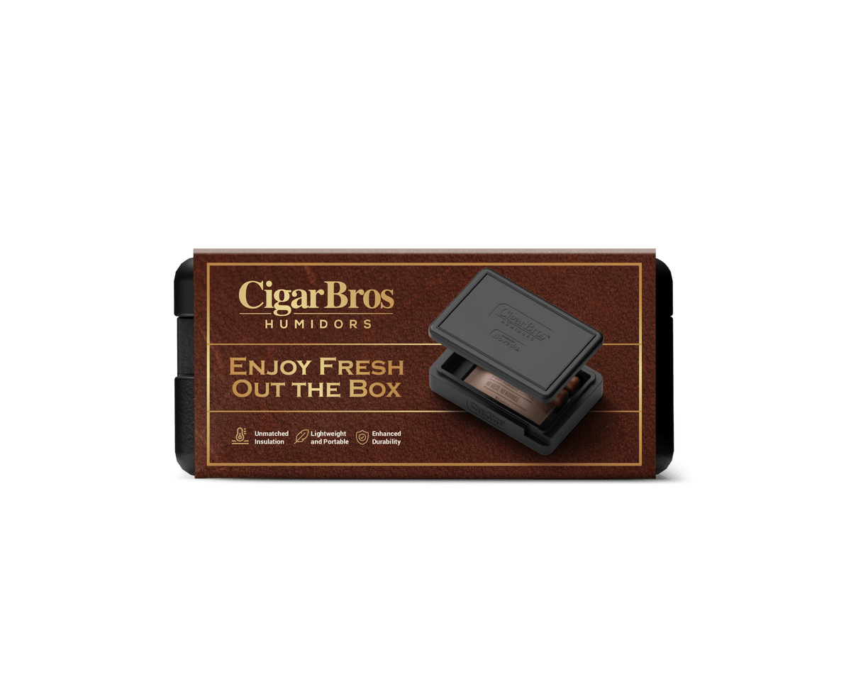 CigarBros humidor box promoting fresh cigar storage with sleek design for cigar enthusiasts.