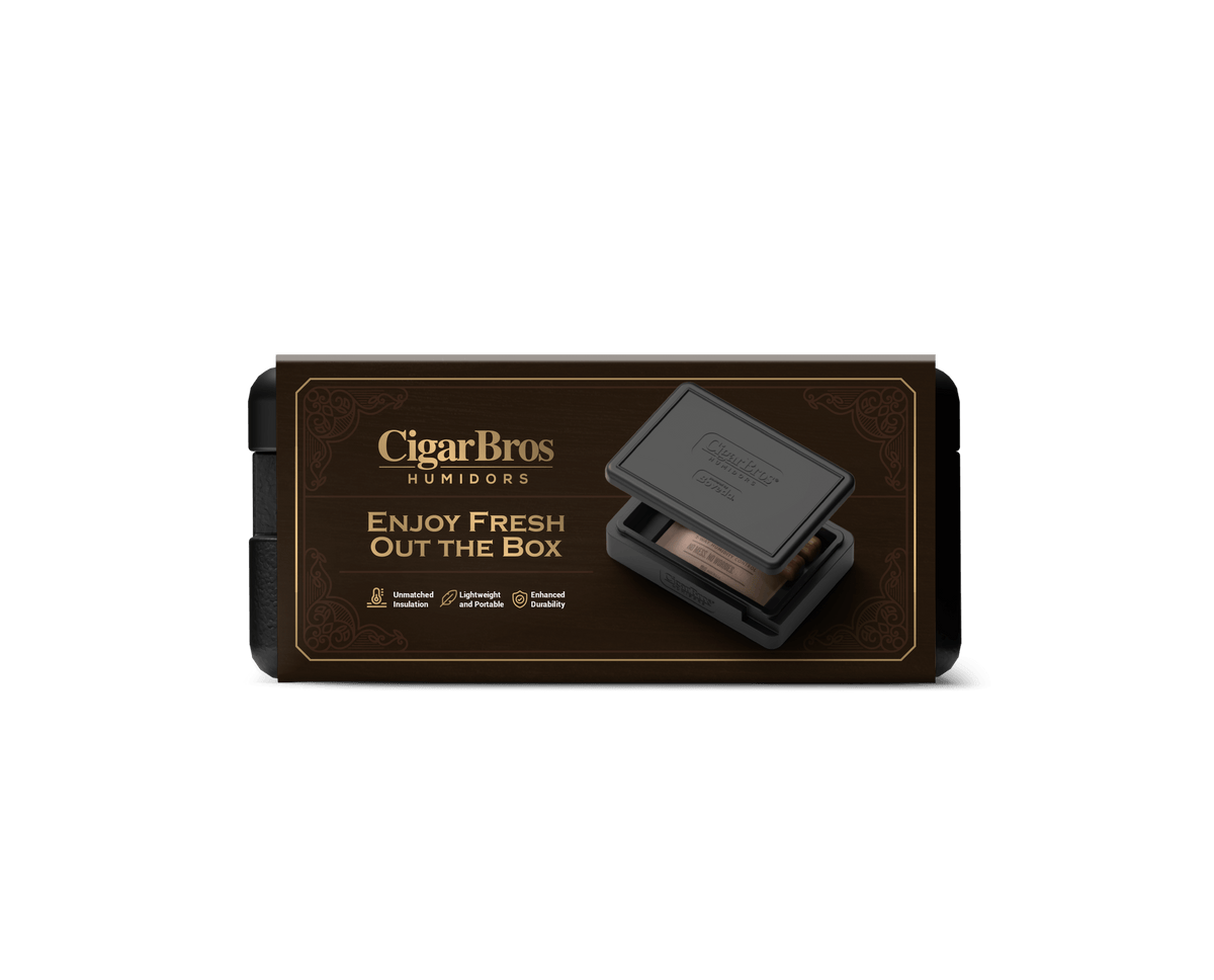 CigarBros humidor box with 'Enjoy Fresh Out the Box' slogan for optimal cigar storage and freshness.